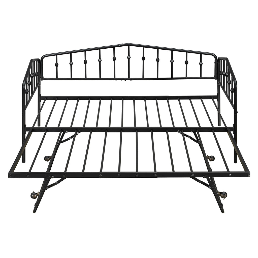 Daybed with Trundle, Metal Daybed with Vintage Headboard, to Extendable Bed Frame, No Box Spring