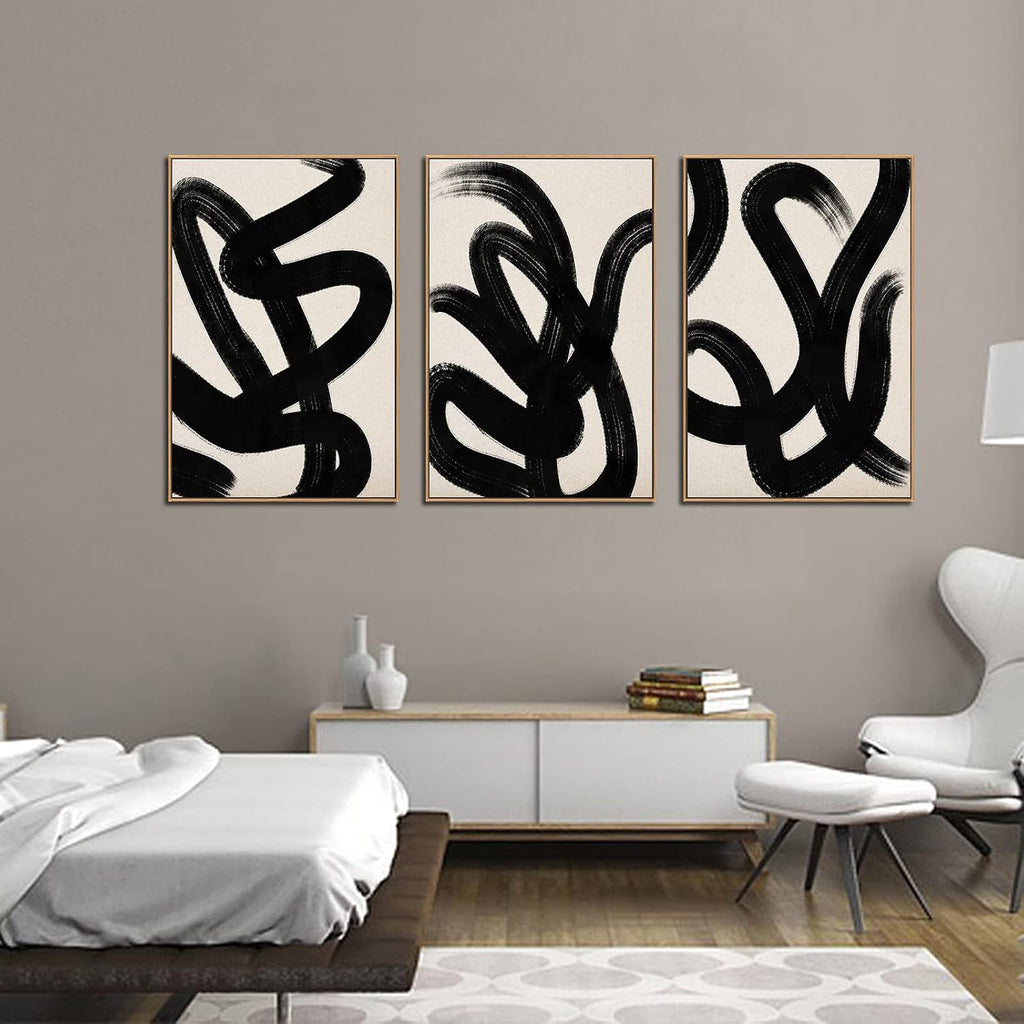 Framed Wall Art Canvas Set Abstract Lines Pictures Modern Mid Century Boho Wall Decor Minimalist Abstract Black
