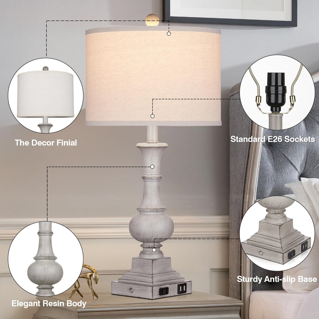 26" Farmhouse Table Lamps Set of 2, Rustic Touch Control Bedside Lamps with 2 USB Ports & AC Outlet, Vintage Resin