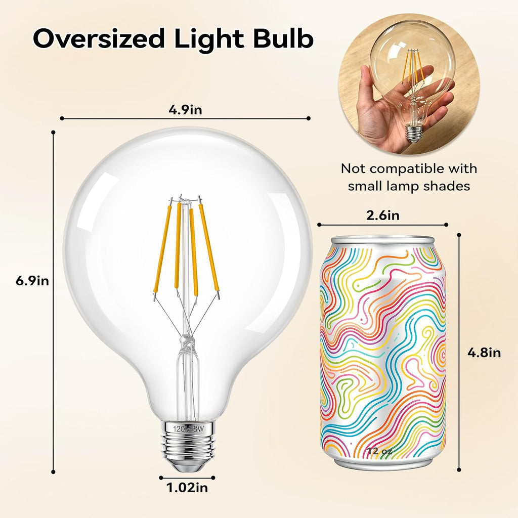 G125 Large LED Globe Light Bulbs 60 Watt Equivalent, 8W Dimmable