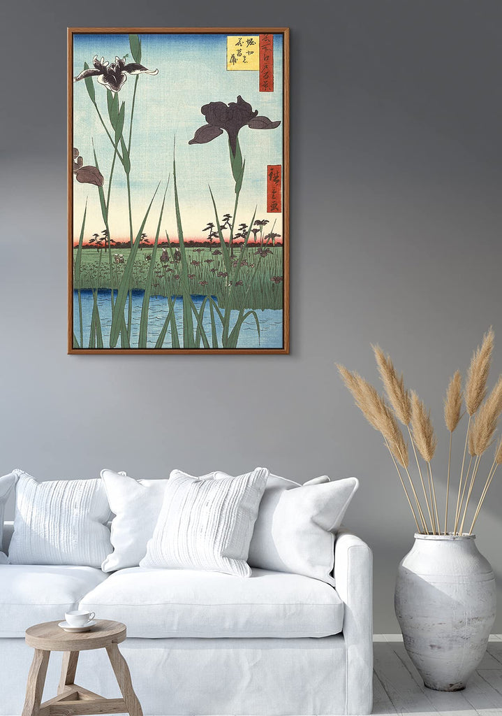 Floating Frame Canvas Print Wall Art - Japanese Woodblock Print Horikiri Iris Garden by Utagawa Hiroshige - 16x24