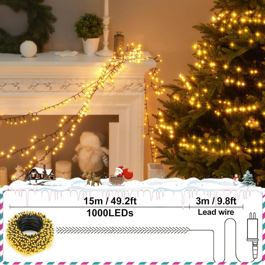 Dual Color 50Ft 1000 LED Cluster Christmas String Lights with Remote Timer