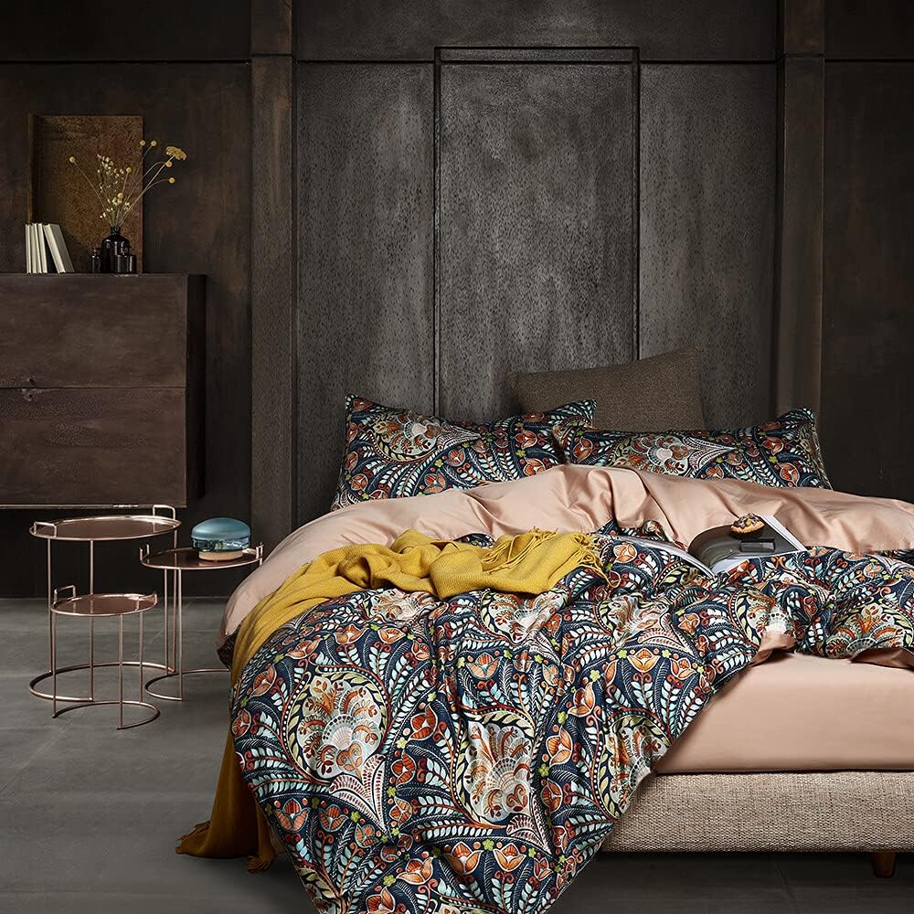 King Duvet Cover Set - 3pc Dark Navy Paisley Boho Bedding - Luxury Art Deco Floral Botanical Print, Soft Microfiber