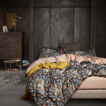 King Duvet Cover Set - 3pc Dark Navy Paisley Boho Bedding - Luxury Art Deco Floral Botanical Print, Soft Microfiber