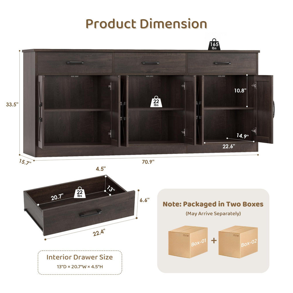 71"W Farmhouse Kitchen Sideboard Buffet Cabinet with Storage, Brown