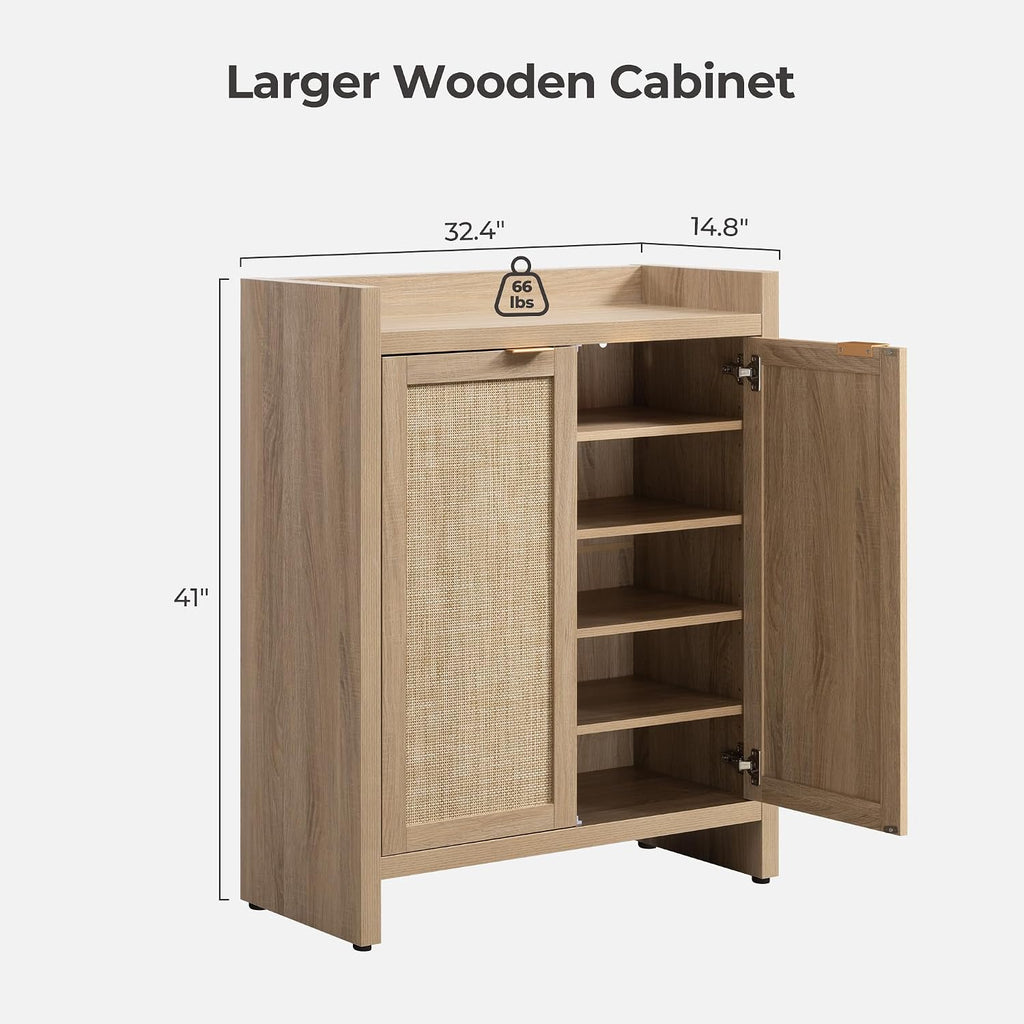 Shoe Cabinet, 24 Pair Shoe Storage Organizer Cabinet, 41" Tall Rattan Shoe Cabinet with Doors and Shelves, 6-Tier