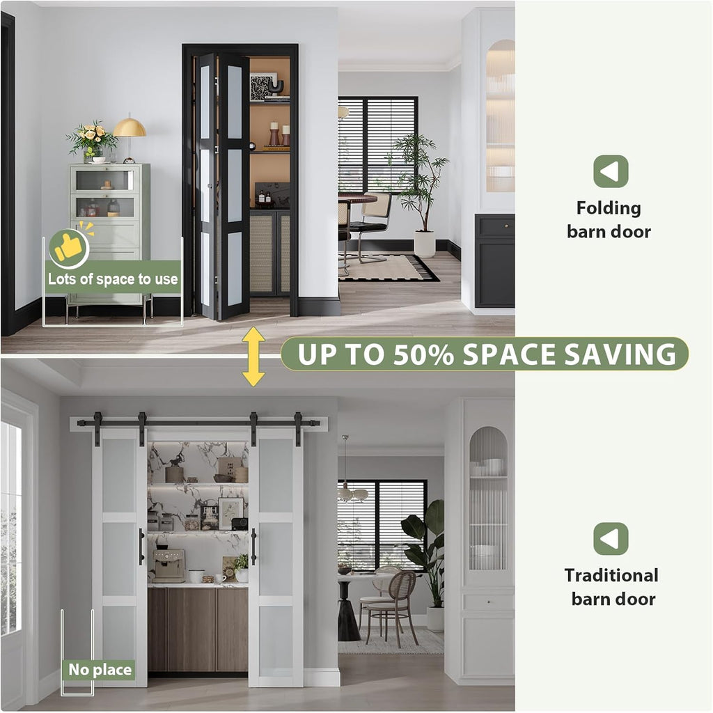 Bifold Closet Doors,Folding Door for 30" x 80" Opening,3-Lite Tempered Frosted Glass,Black Interior 