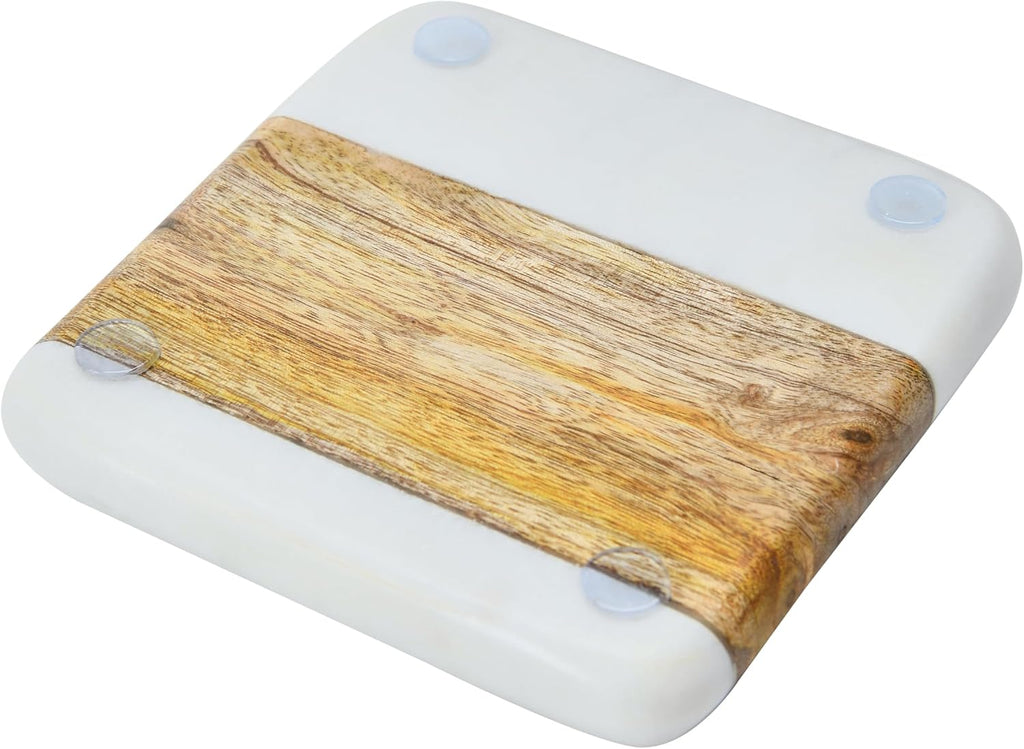 Marble & Acacia Wood Coasters, White & Natural - Set of 4
