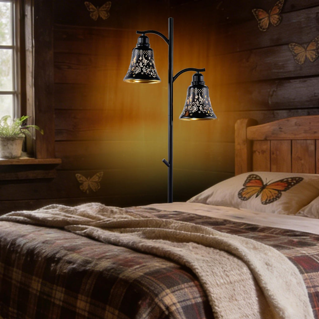 2-Light Rustic Floor Lamp, Butterfly Cutout Bell Shade Black Metal Tree Standing Lamp, 64.56" Farmhouse Floor Lamp, Bar