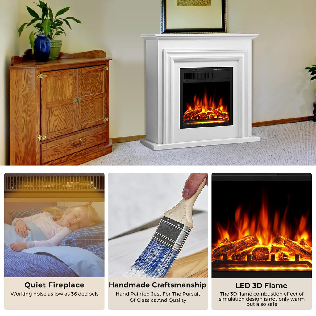 36" Electric Fireplace Mantel Freestanding Electric Fireplace, Remote Control, Adjustable Led Flame, 750W/1500W White