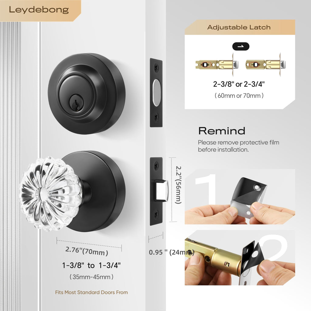 Crystal Glass Passage Door Knob and Single Cylinder Deadbolt Combo Set