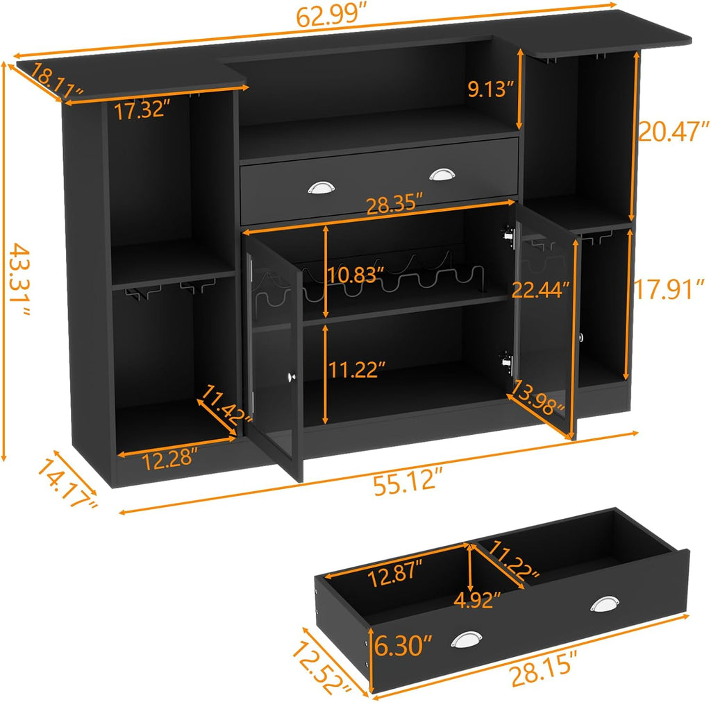 63" Coffee Bar Cabinet with Storage, Black Wine Cabinet with LED Lights | Bar Table with Storage Drawer & Glass
