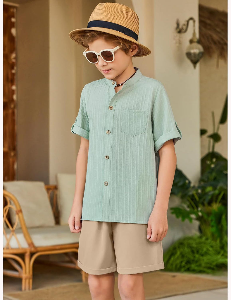 Boys Summer Outfits Textured Button Down Shirt and Shorts Set