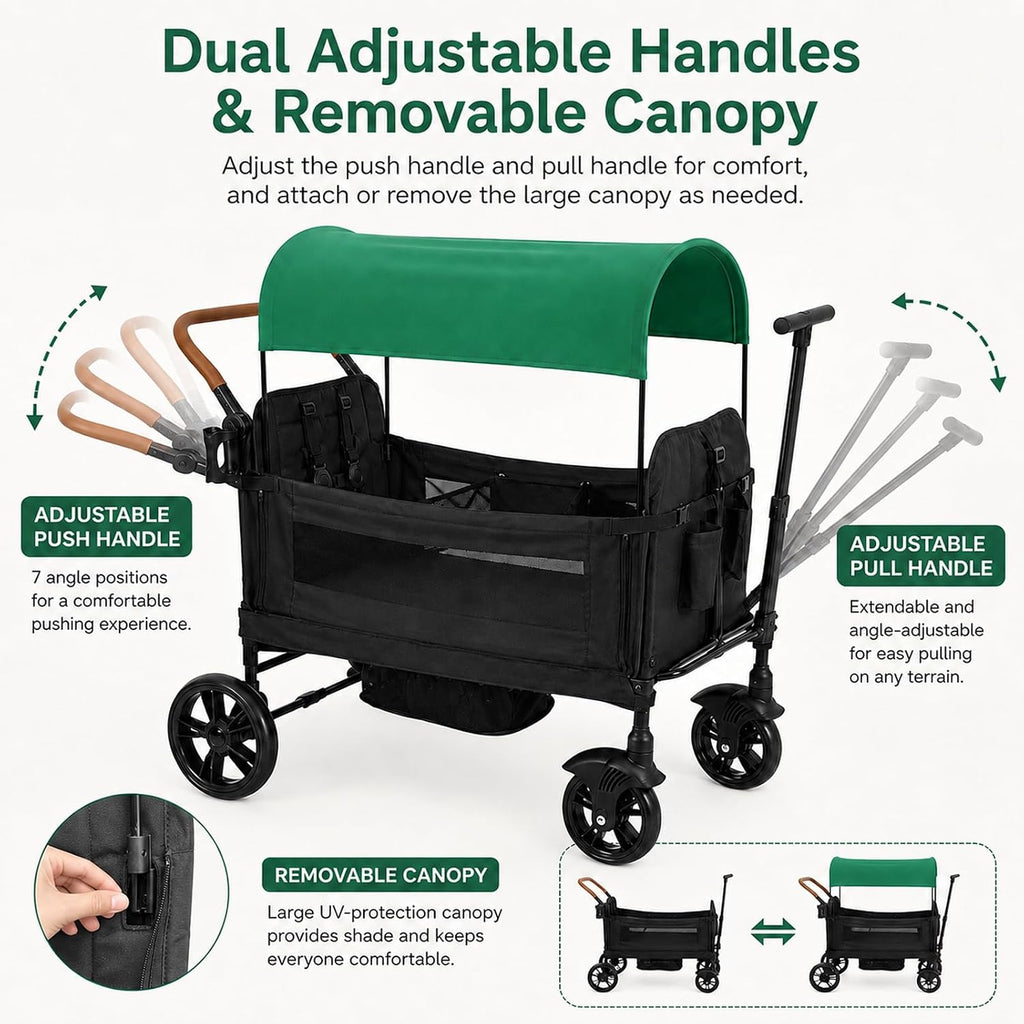 Wagon Stroller for 2 Kids, Foldable with Push/Pull Handles