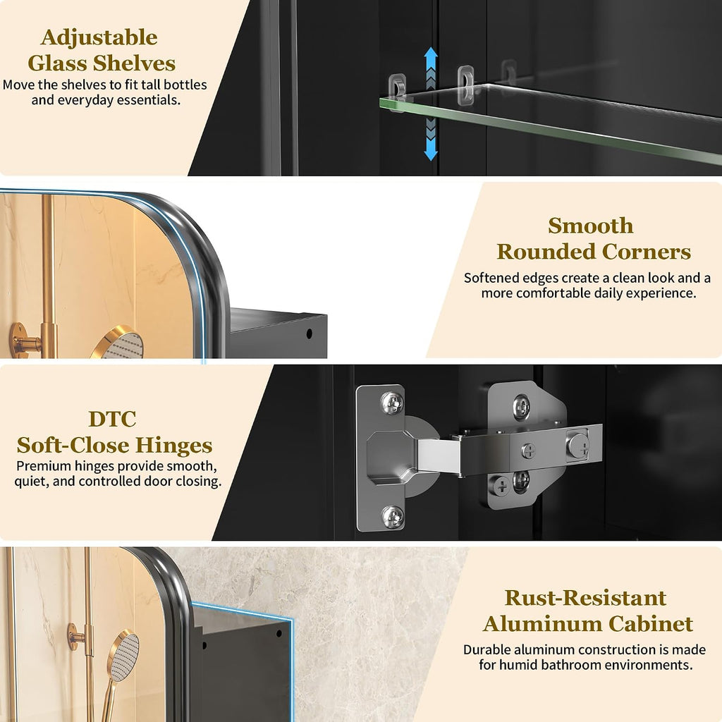 16x24 Black Medicine Cabinet with Mirror, Recessed & Surface Mount | Bathroom mirror with storage: 6 adjustable