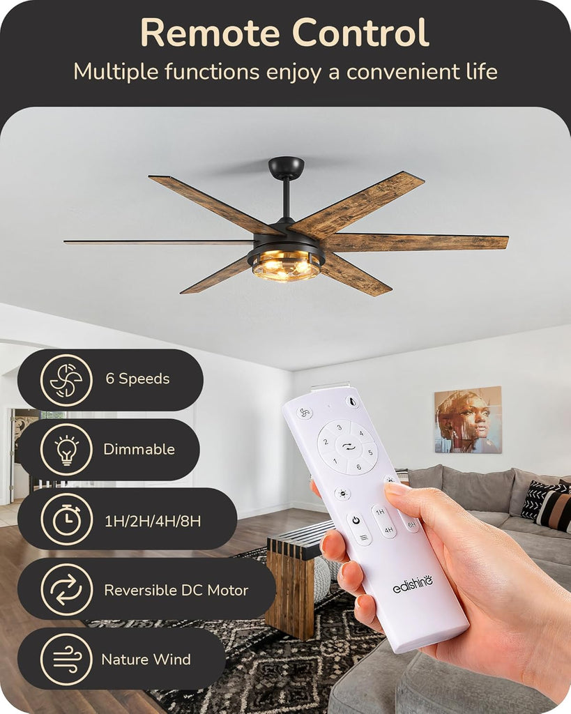 70" Large Farmhouse Ceiling Fans with Lights and Remote,10%-100% Dimmable, Wood Blades