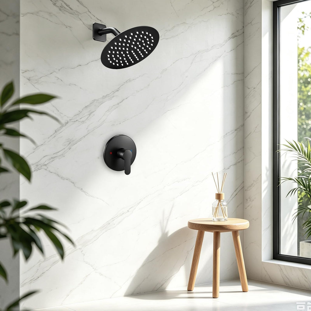 Shower Faucet Set, 8-Inch Round Rain Head with Valve, Matte Black