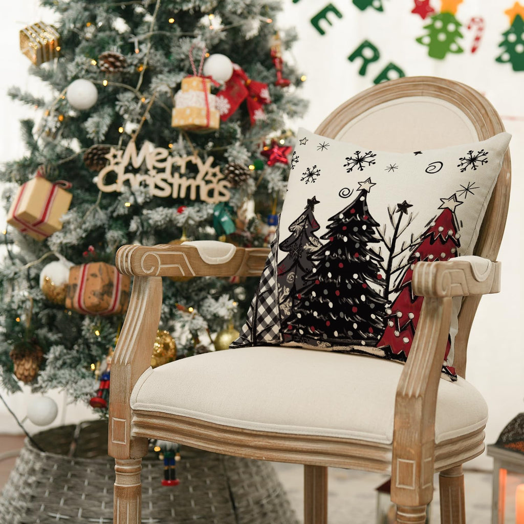 Merry Christmas Joy Xmas Trees Red Throw Pillow Covers, 20x20 Inch Christmas Winter Holiday Cushion Case Decoration - Set of 4