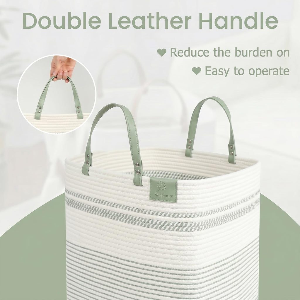 100L Nursery Hamper, Tall Woven Laundry Basket with Long Leather Handles, Boho Laundry Hamper , Eco-friendly &
