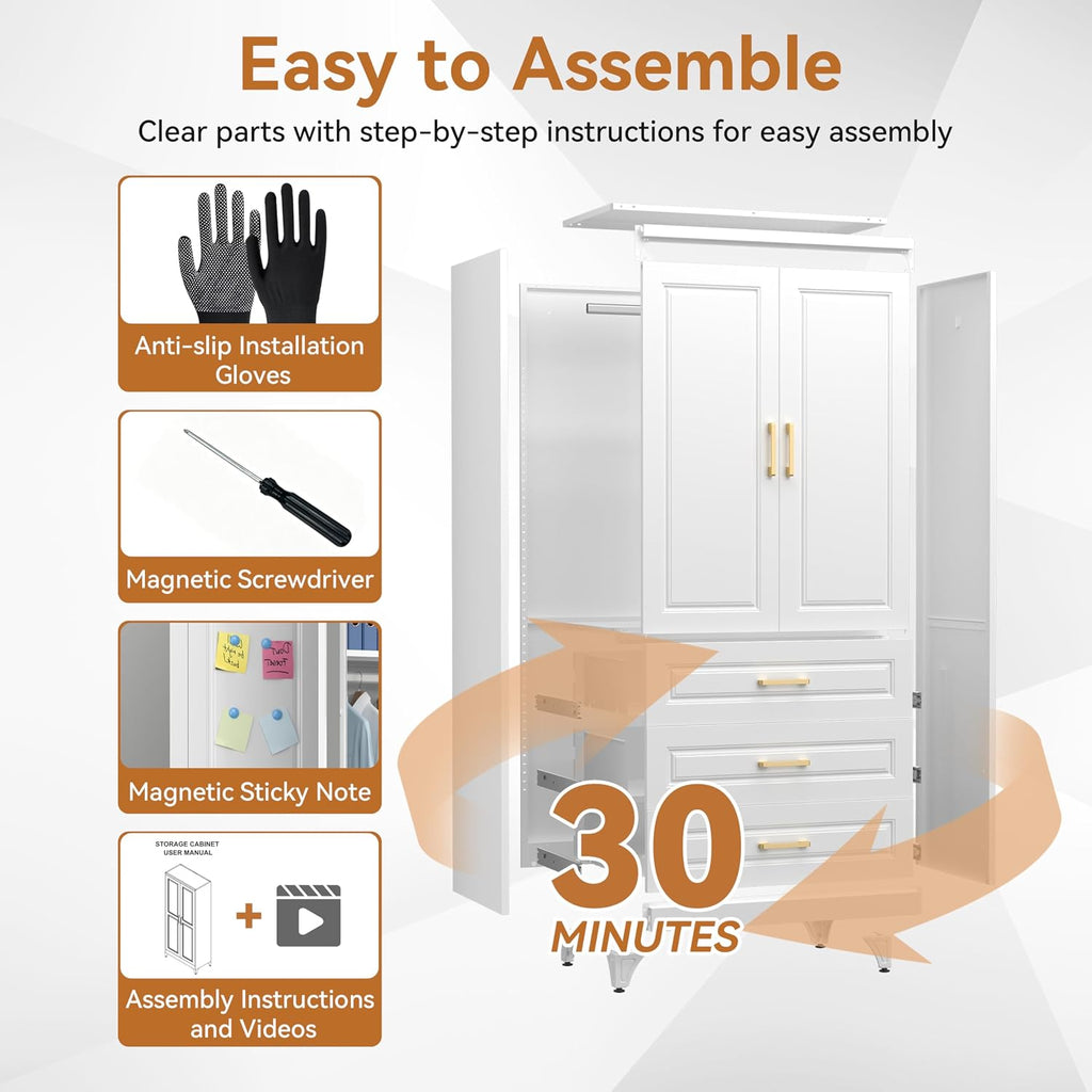 71" White Metal Armoire Wardrobe Closet with Doors and 3 Drawers | Freestanding Tall Steel Clothing Storage Cabinet