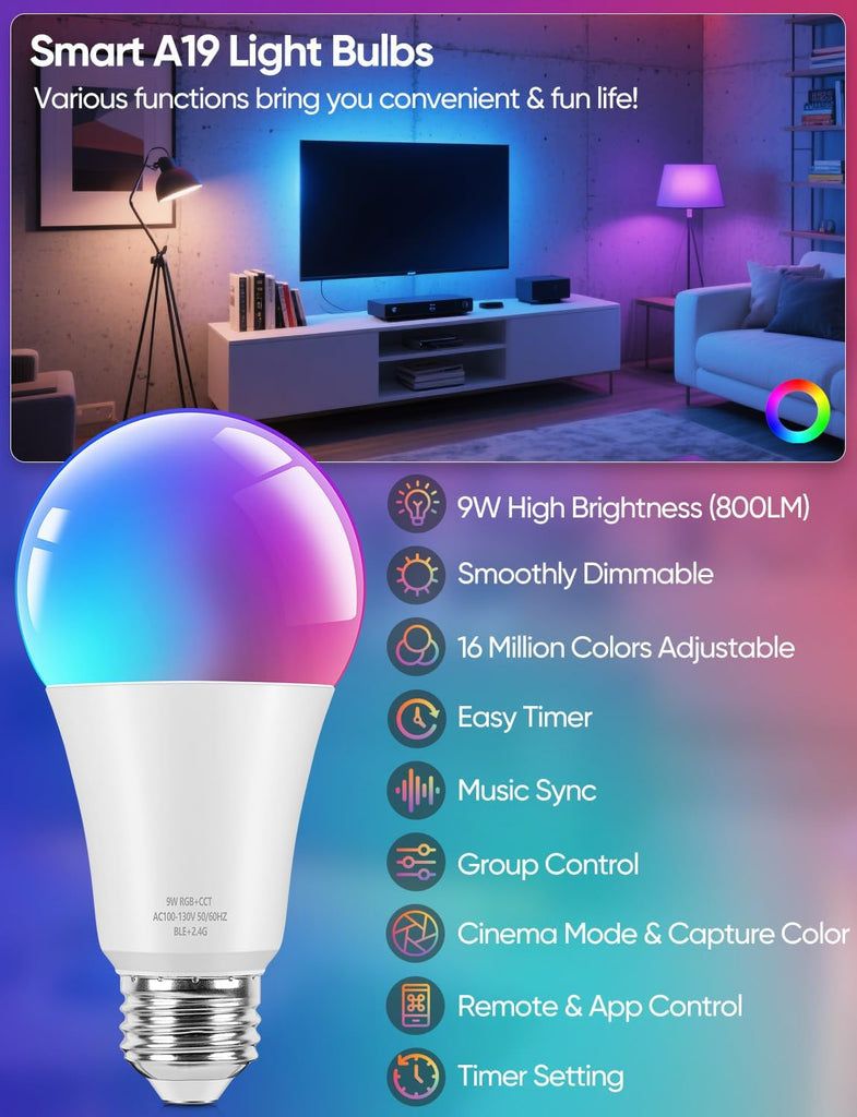 Smart A19 LED Light Bulbs, 60W Equivalent 800LM Color Changing E26 9W Bluetooth Light Bulbs with Remote Control, 16
