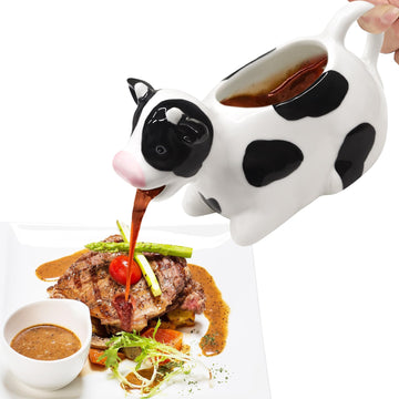 Ceramic Gravy Boat, 11oz/300ml White Gravy Boat Milk Cow Sauce Jug with Smooth Handle - Perfect for Salad Dressing