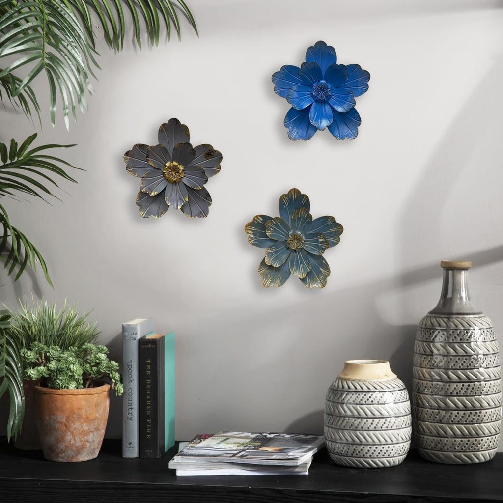 Metal Flower Wall Sculpture, 9.5" Grey Golden Rustic Modern Artwork