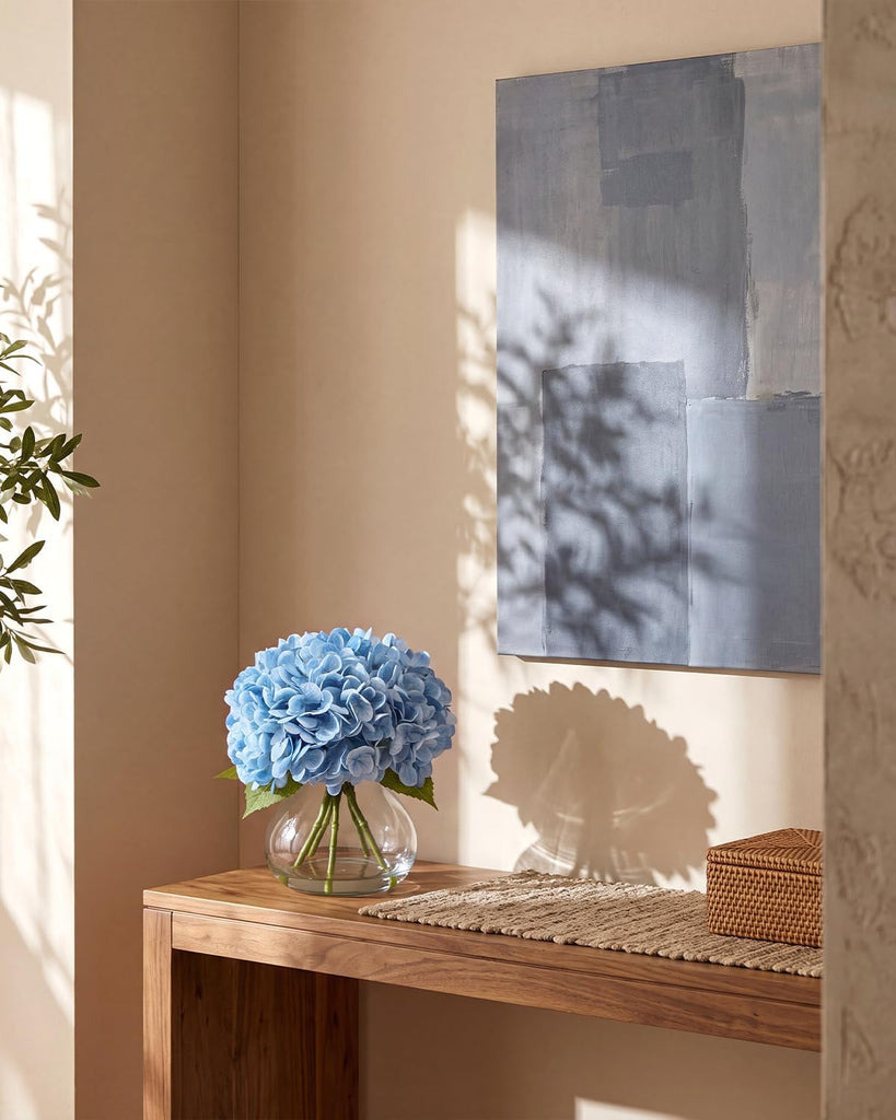 Hydrangea Artificial Flowers with Vase, Real Touch Latex, Blue - Set of 5