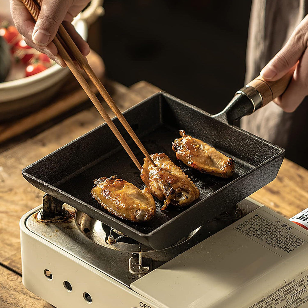 Japanese Cast Iron Tamagoyaki Pan - Pre-Seasoned, Liquid Nitrogen Treated, Non-Rust, Ready to Use, Detachable Wood