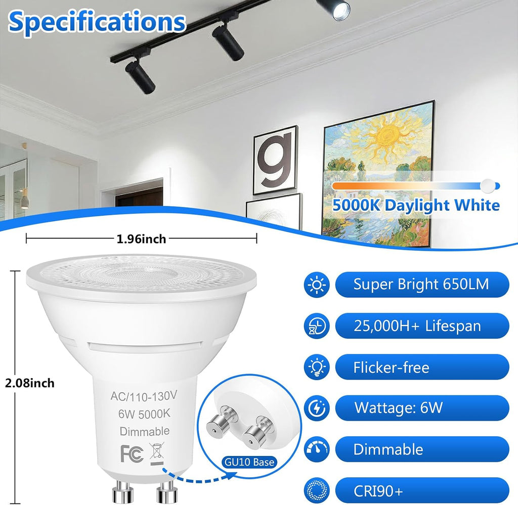 MR16 GU10 LED Bulbs Dimmable, 6W Light Bulbs, 5000K Daylight White