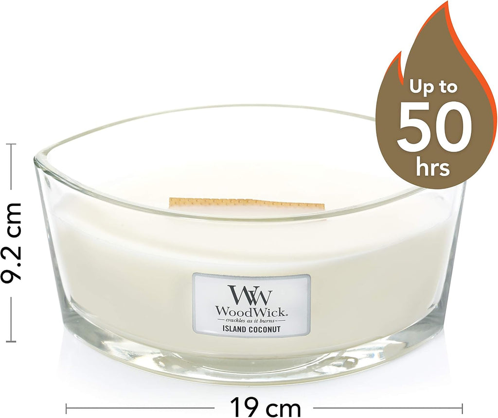 Ellipse Scented Candle with Crackling Wick, Island Coconut, Up to 50 Hours Burn Time Wood, White