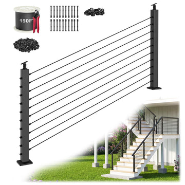 4FT-10FT Complete Set Stair Cable Railing Kit, 36" Black Swageless Cable Railing Kit Includes 2Pack Angle Stair