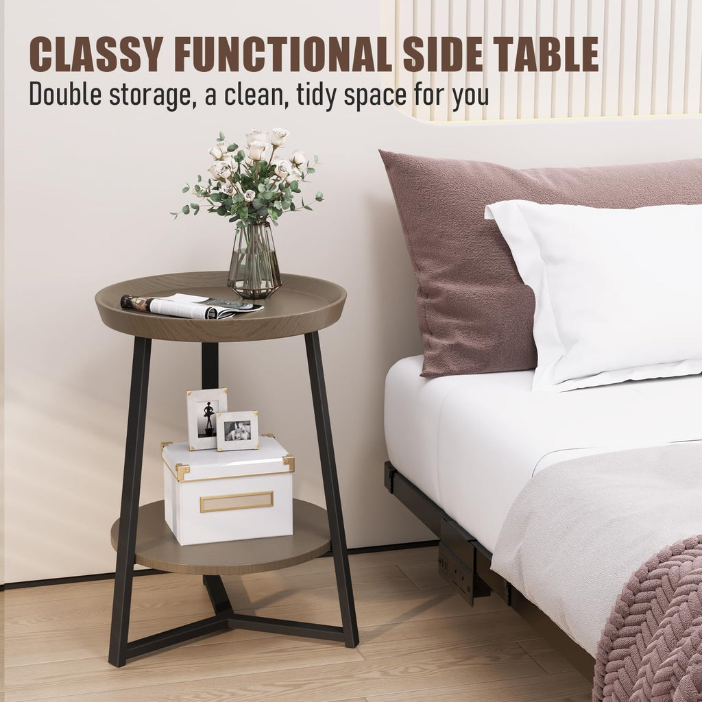 Round End Table with Storage Shelf, Walnut Color