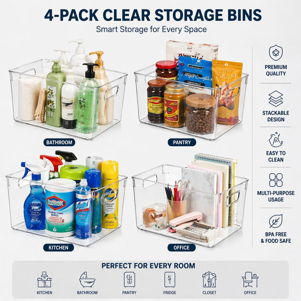 4 Pack Clear Plastic Storage Bins 11x8x6in Storage Containers