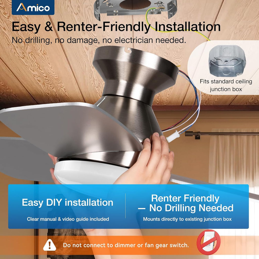 Ceiling Fans with Lights, 42 inch Low Profile Ceiling Fan with Light and Remote Control, Flush Mount, Reversible, 3CCT, Dimmable, Noiseless, Nickel Ceiling Fan for Bedroom, Indoor/Outdoor Use A102-B0C61J8S1Z