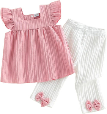 Little Girls Clothes Kids Solid Fly Sleeve Tank Tops Bow Pants Toddler Baby Girl Summer Outfits Spring 2pc Set