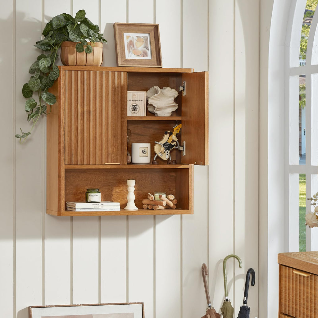 Retro Fluted Bathroom Wall Cabinet, Wall-Mounted Medicine Cabinet