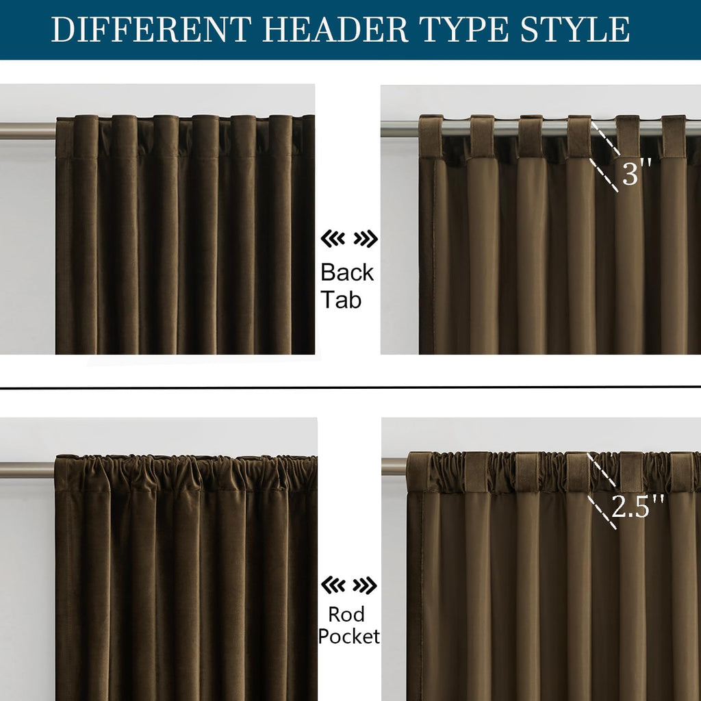 Brown Velvet Curtains 96 inch Long,Set of 2 Panels Blackout Rod Pocket Back Tab Window Treatment Room Darkening Heavy