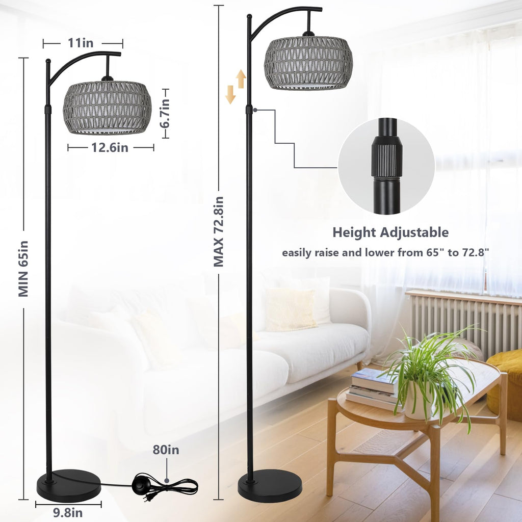 Arc Floor Lamp, Boho Standing Lamp with Remote & LED Smart Bulb, Rattan Floor Lamps with 3 Color Temperatures