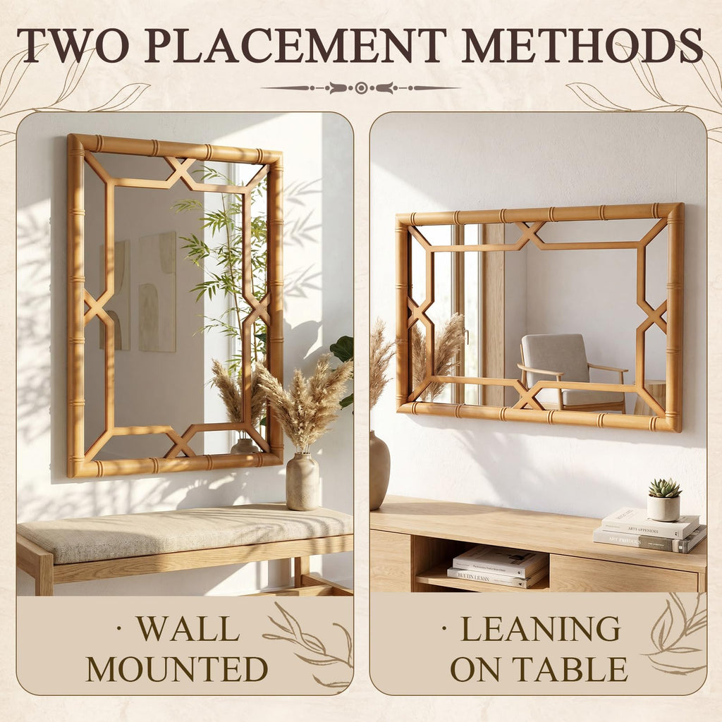 Bamboo-Look Frame Wall Mirror Decor, 23" ×31", Natural Wood