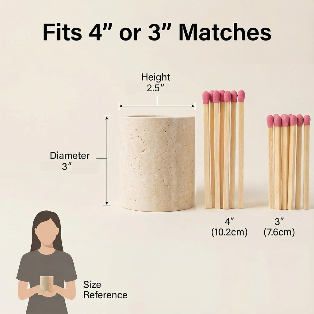 Match Holder with Striker Travertine Match Jar Decorative 2.5" x 3" Matchstick Organizer for Fireplace, Candles - Set of 3