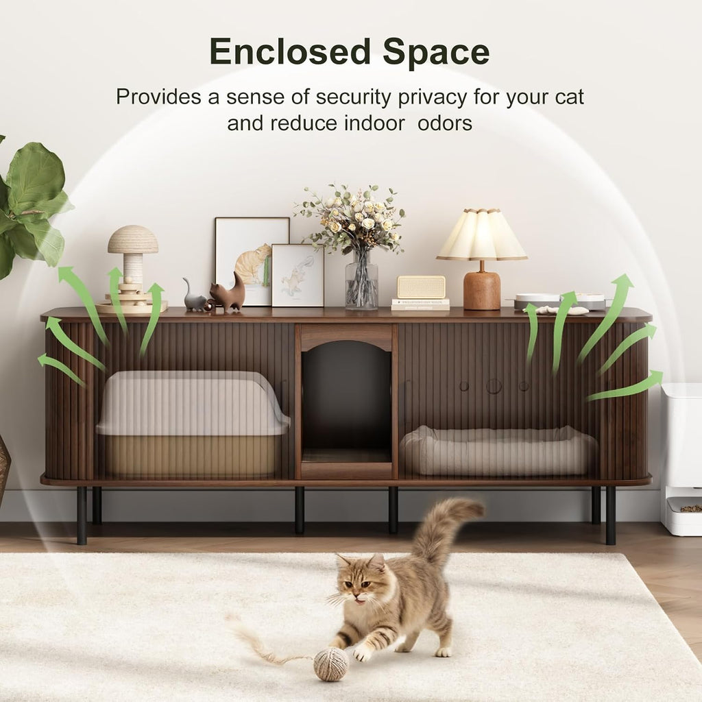 Double Cat Litter Box Enclosure Furniture, 59" Fluted Cabinet, Walnut