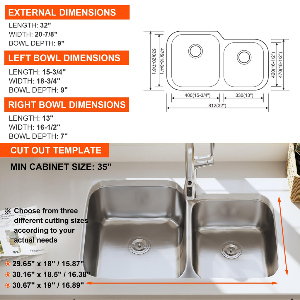 32 Inch Undermount Double Bowl 60/40 Kitchen Sink (Sink Only)