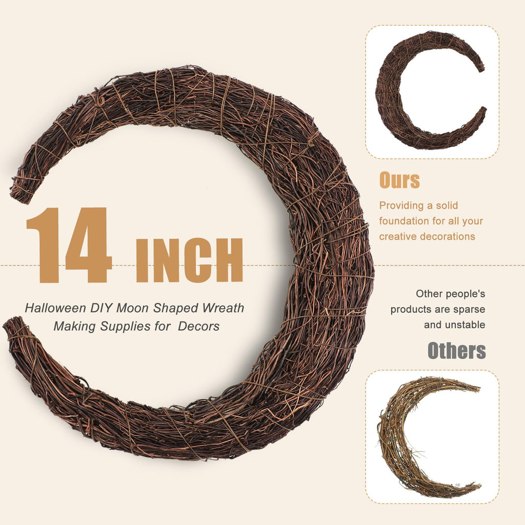 14 Inch Crescent Moon Wreath Base, Natural Grapevine Wreaths, 3 Pack