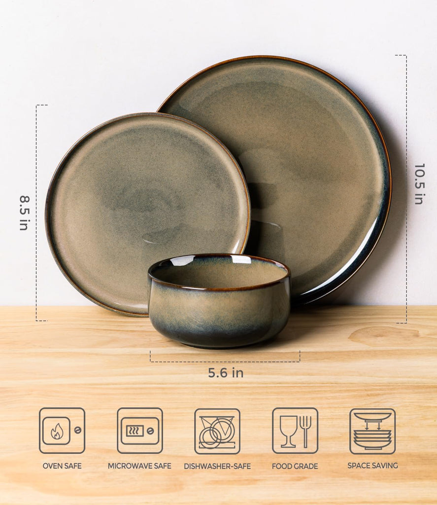 Ceramic Dinnerware Sets for 4, 12 Pieces Handmade Reactive Glaze Plates and Bowls Set, Scratch Resistant Dish Set