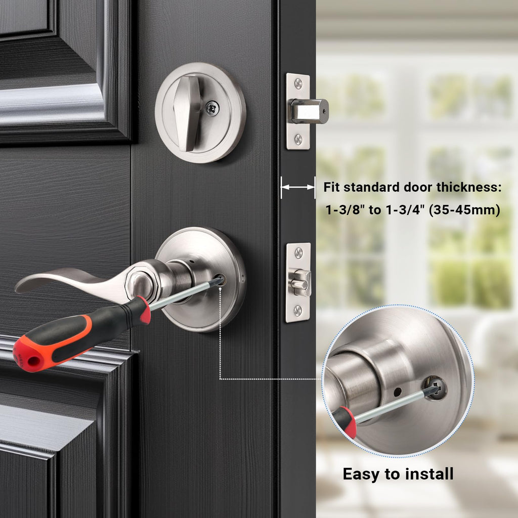 6 Pack Entry Lock with Single Cylinder Handleset Satin Nickel, Keyed Alike(Combo Pack), Wave Style Door Lever Lockset