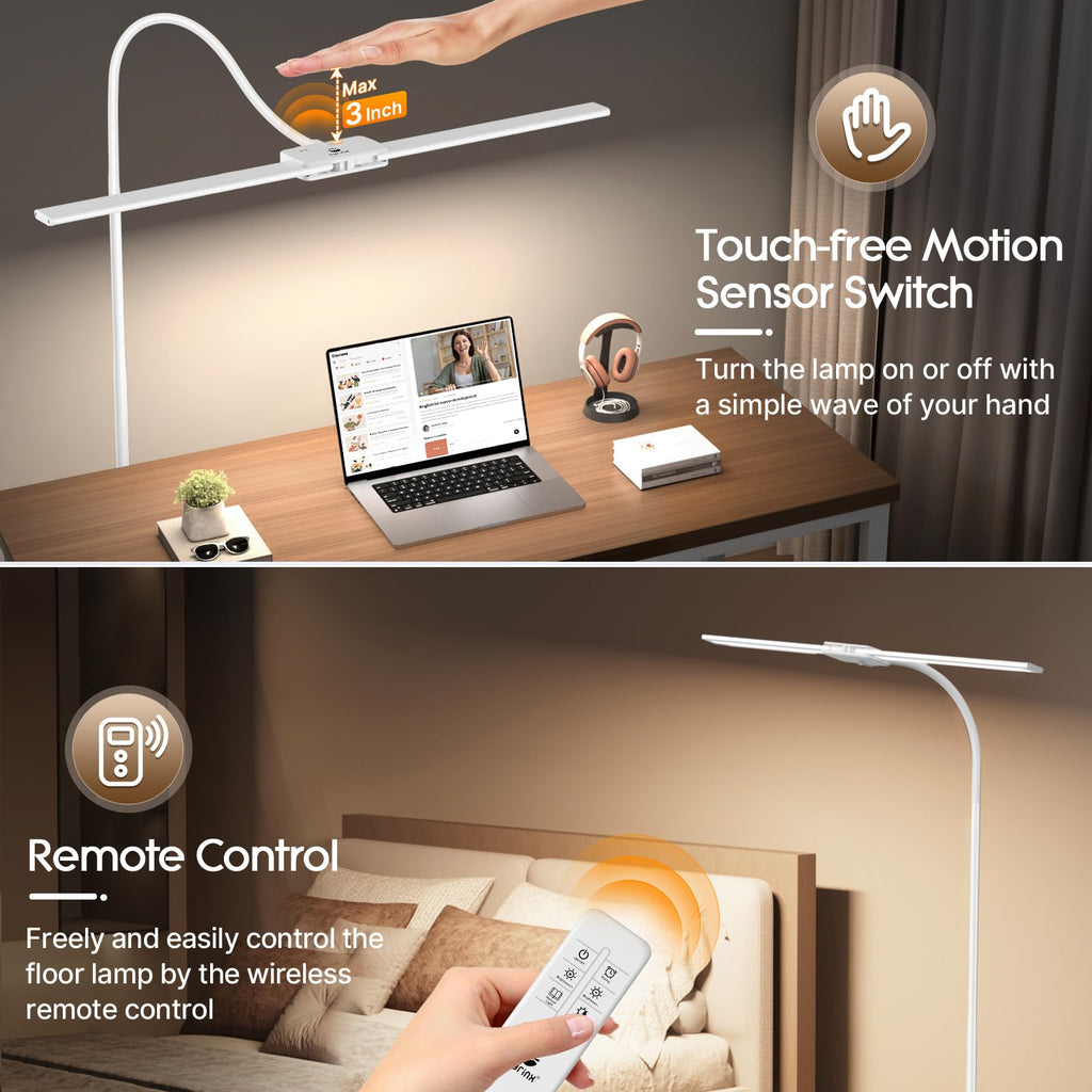 LED Floor Lamp, 18W Bright Reading Floor Lamp, Dual Head Gooseneck Standing Lamp, Smart Motion Sensor, Remote