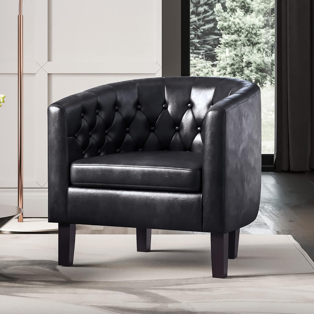 Black Accent Chairs, Elegant Arm Chair Upholstered Tufted Barrel Chair Club Chair with Sturdy Legs and Faux Leather