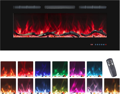 48'' Electric Fireplaces Inserts, Recessed & Wall-Mounted Fireplace Heater with Thermostat, Multicolor Flames,Timer