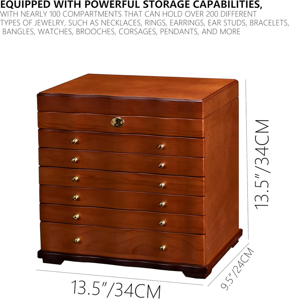 Solid Wood Jewelry Box w/Lock, 9-Layer Large Storage Organizer - Set of 300